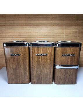 Vintage Queen Line Tin Canister Set A.R. Lite Brown Chrome Mid Century Kitchen